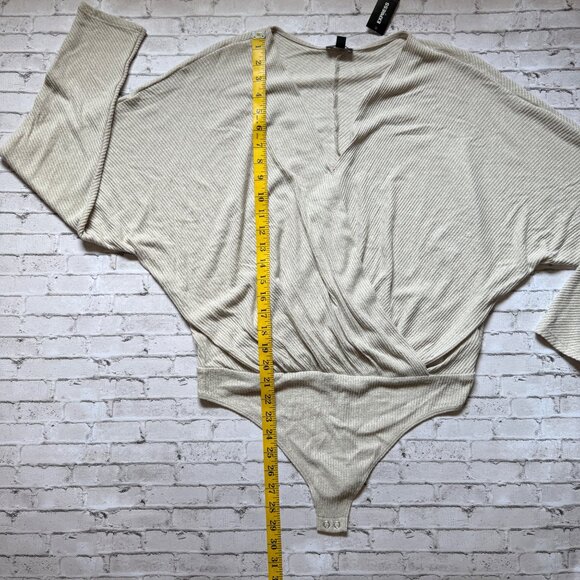 Express Beige Ribbed Wrap Bodysuit Top With Tie Waist Womens L - Picture 11 of 13